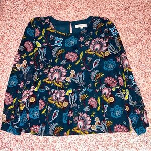 LOFT Navy Floral Blouse with Pink and Yellow Accents